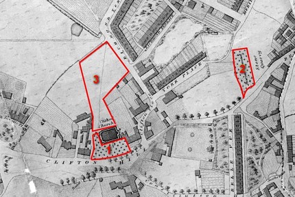 Clifton map 1828 Ashmead 3 cemeteries